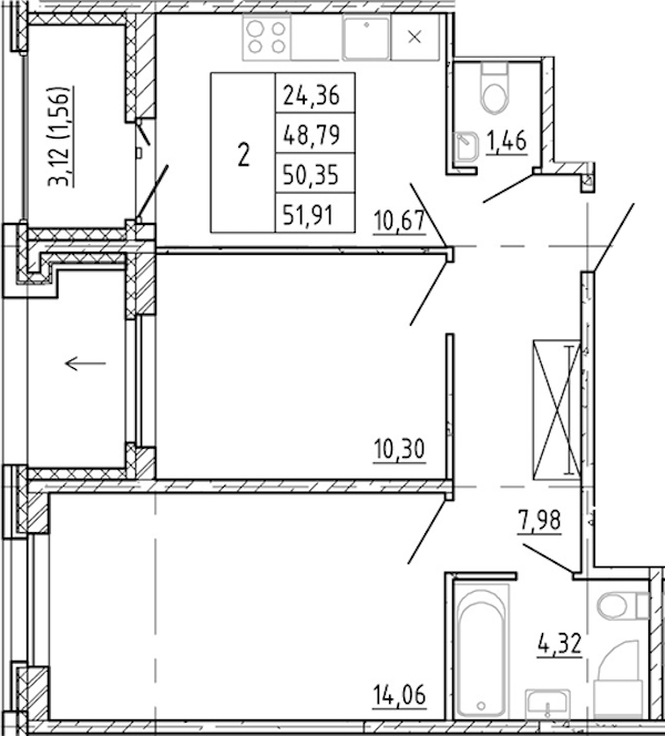 2-комнатная квартира 48.79 м², 11/12 эт., ЖК «Полис Новоселье»